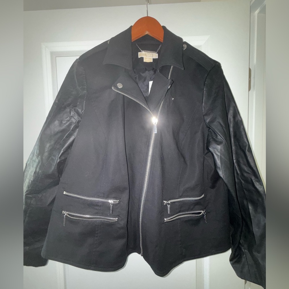 Michael Kors New Black Faux Leather Sleeves Zip Front Moto Biker Jacket